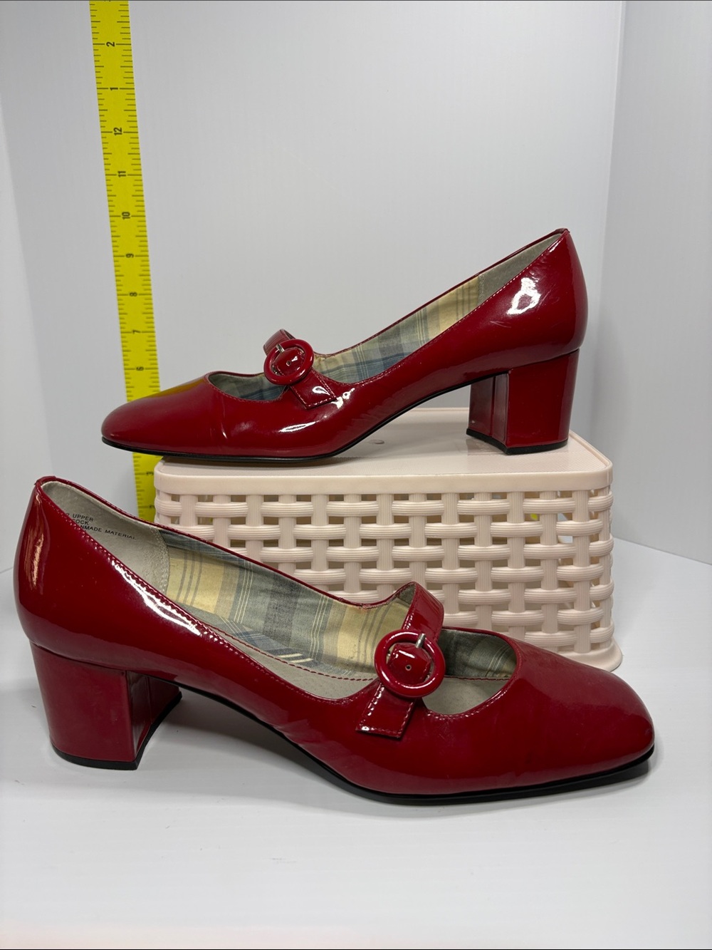 00’s Brass Plum Red Patent Mary Jane Block Heel Pumps Buckle Strap box 25 - Picture 1 of 6